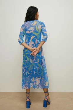 Discount Oasis Floral Shirred Neck Mesh Midi Dress Blue