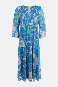 Discount Oasis Floral Shirred Neck Mesh Midi Dress Blue