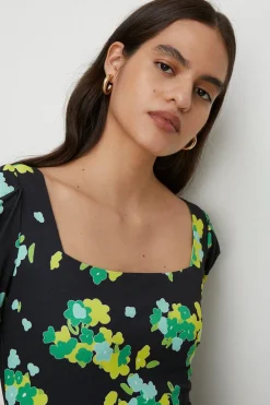 Outlet Oasis Floral Slinky Jersey Neck Tie Midi Dress Black