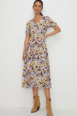 New Oasis Floral Slinky Jersey Pleated V Neck Midi Yellow