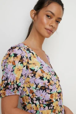 New Oasis Floral Slinky Jersey Pleated V Neck Midi Yellow