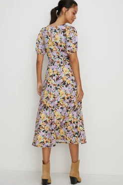 New Oasis Floral Slinky Jersey Pleated V Neck Midi Yellow