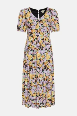 New Oasis Floral Slinky Jersey Pleated V Neck Midi Yellow