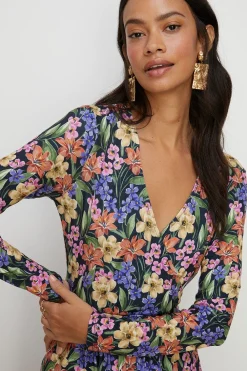 Sale Oasis Floral Slinky Mock Wrap Pleated Midi Dress Black