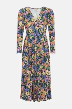 Sale Oasis Floral Slinky Mock Wrap Pleated Midi Dress Black