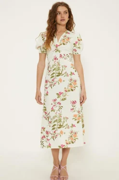 Sale Oasis Floral Stretch Crepe Twist Front Midi Dress Ivory