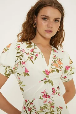 Sale Oasis Floral Stretch Crepe Twist Front Midi Dress Ivory