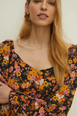 Hot Oasis Floral Stripe Print Square Neck Dress Multi