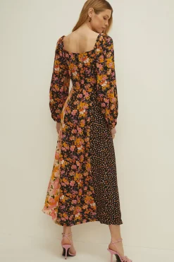 Hot Oasis Floral Stripe Print Square Neck Dress Multi