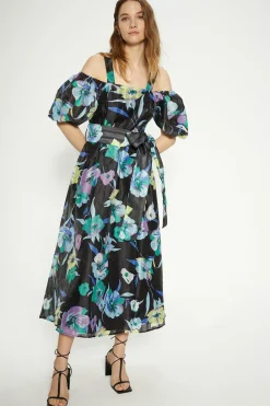 New Oasis Floral Striped Organza Belted Midi Dress Multi