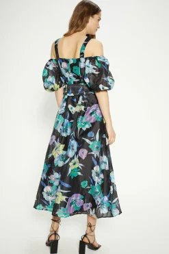 New Oasis Floral Striped Organza Belted Midi Dress Multi