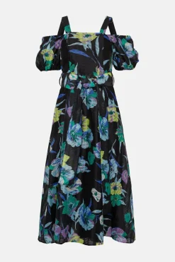 New Oasis Floral Striped Organza Belted Midi Dress Multi