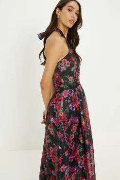 Outlet Oasis Floral Striped Organza Halter Neck Midi Dress Multi