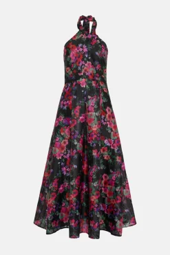 Outlet Oasis Floral Striped Organza Halter Neck Midi Dress Multi