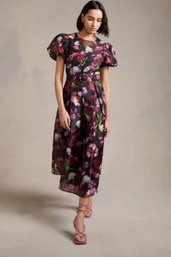 Fashion Oasis Floral Striped Organza Pleated Midi Dress Multi