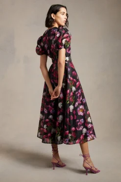 Fashion Oasis Floral Striped Organza Pleated Midi Dress Multi