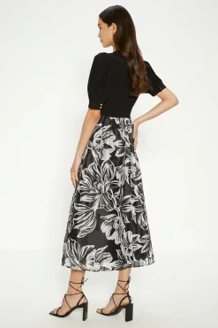 Online Oasis Floral Striped Organza Puff Sleeve Midi Dress Black