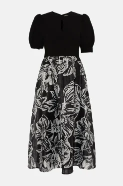 Online Oasis Floral Striped Organza Puff Sleeve Midi Dress Black