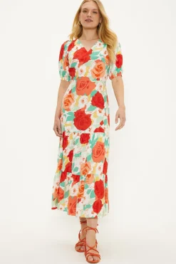 Outlet Oasis Floral V Neck Shirred Midi Dress Multi