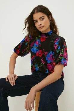 Best Oasis Floral Velvet Puff Sleeve Top Black