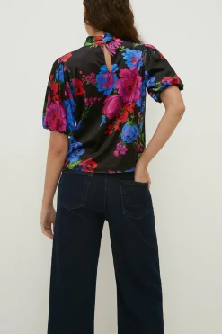 Best Oasis Floral Velvet Puff Sleeve Top Black