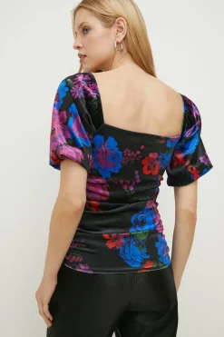 Outlet Oasis Floral Velvet Ruched Puff Sleeve Top Black