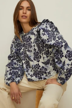 Discount Oasis Floral Woven Mix Frill Detail Sweatshirt Ivory