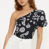 New Oasis Floral Woven Mix One Shoulder Cotton Top Multi
