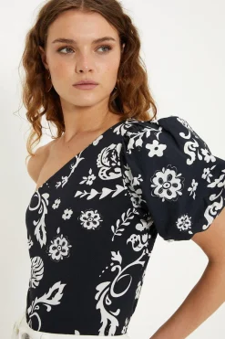 New Oasis Floral Woven Mix One Shoulder Cotton Top Multi