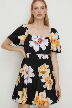 Discount Oasis Floral Woven Mix Puff Sleeve Mini Dress Black