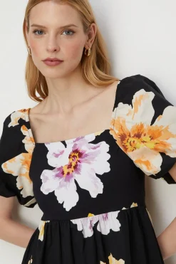 Discount Oasis Floral Woven Mix Puff Sleeve Mini Dress Black