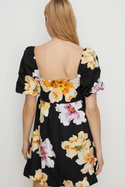 Discount Oasis Floral Woven Mix Puff Sleeve Mini Dress Black
