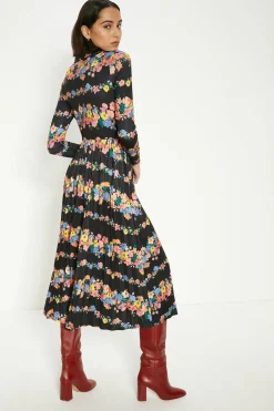 Discount Oasis Floral Zip Front Pleated Slinky Jersey Dress Multi