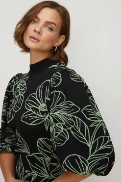Best Oasis Floraljacquard Ruched Sleeve Midi Dress Black