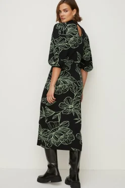 Best Oasis Floraljacquard Ruched Sleeve Midi Dress Black