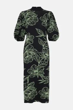 Best Oasis Floraljacquard Ruched Sleeve Midi Dress Black