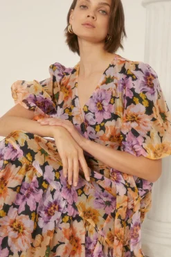 Hot Oasis Floribunda Organza Wrap Midi Dress Black