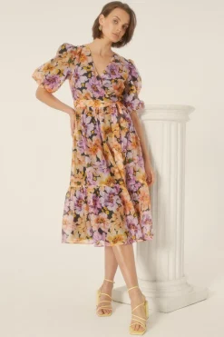 Hot Oasis Floribunda Organza Wrap Midi Dress Black