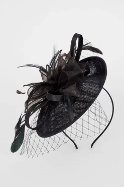 New Oasis Flower And Feather Disk Fascinator Black