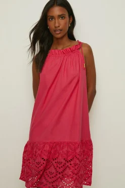 Hot Oasis Flower Broderie Hem Mini Dress Orange