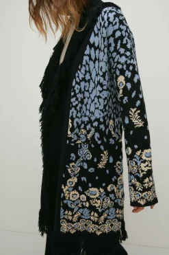 Hot Oasis Folk Floral Jacquard Fringe Cardigan Blue