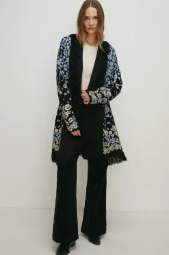 Hot Oasis Folk Floral Jacquard Fringe Cardigan Blue