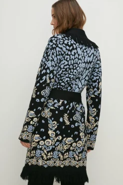 Hot Oasis Folk Floral Jacquard Fringe Cardigan Blue
