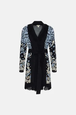 Hot Oasis Folk Floral Jacquard Fringe Cardigan Blue