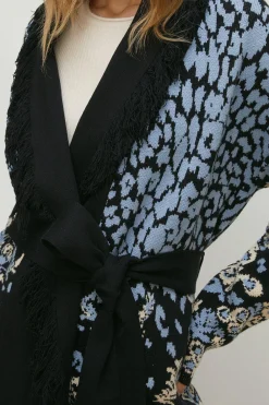 Hot Oasis Folk Floral Jacquard Fringe Cardigan Blue