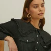 Sale Oasis Frill Collar Denim Playsuit Black