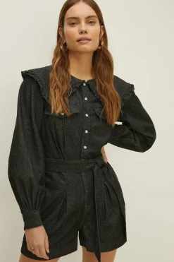 Sale Oasis Frill Collar Denim Playsuit Black