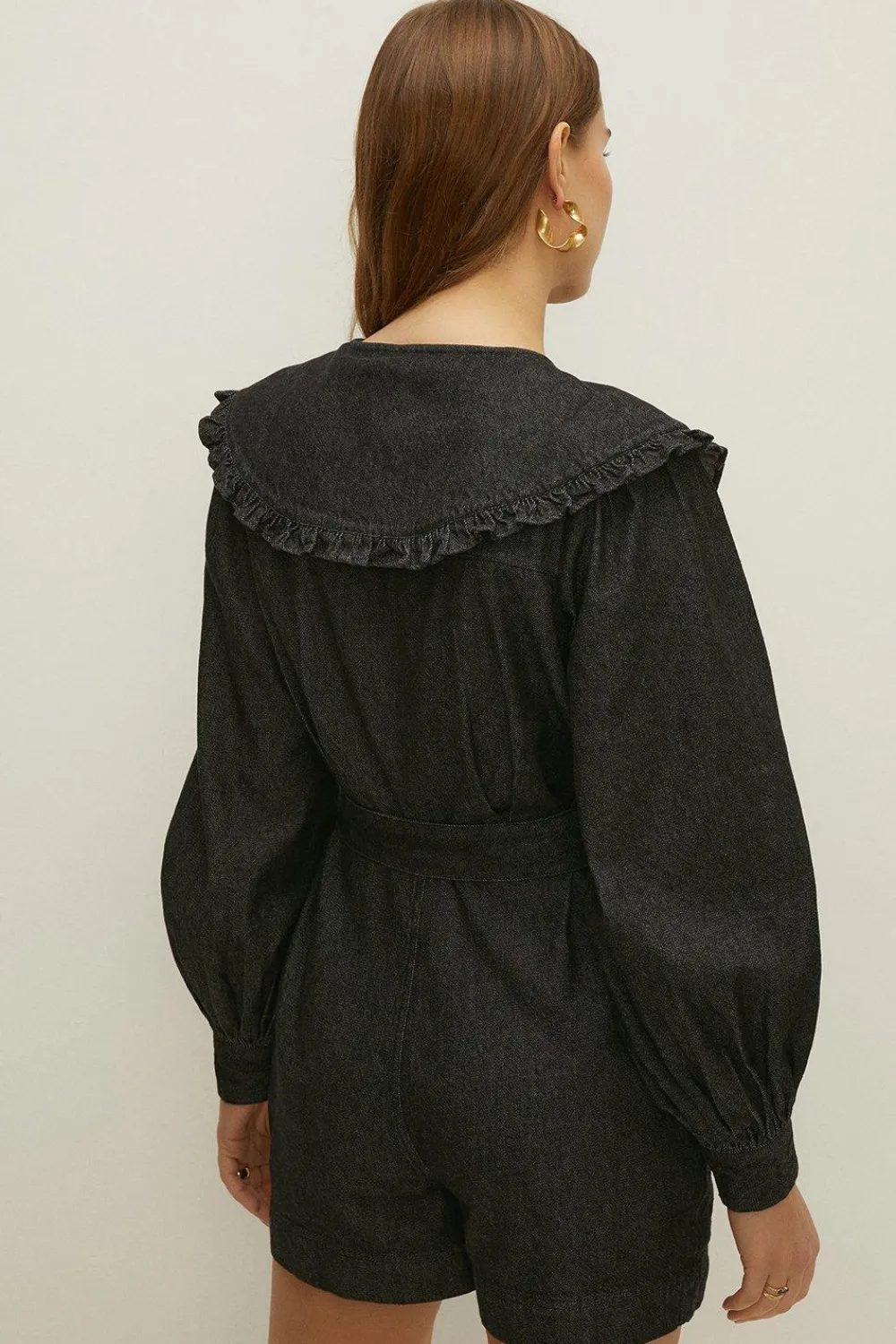 Sale Oasis Frill Collar Denim Playsuit Black