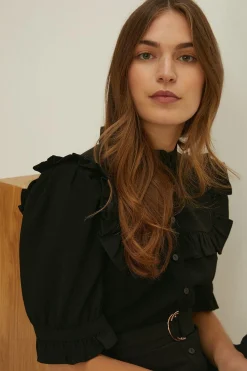 Fashion Oasis Frill Detail Belted Crepe Dress Black