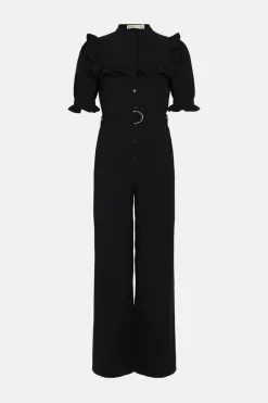 Sale Oasis Frill Detail Belted Crepe Jumpsuit Black